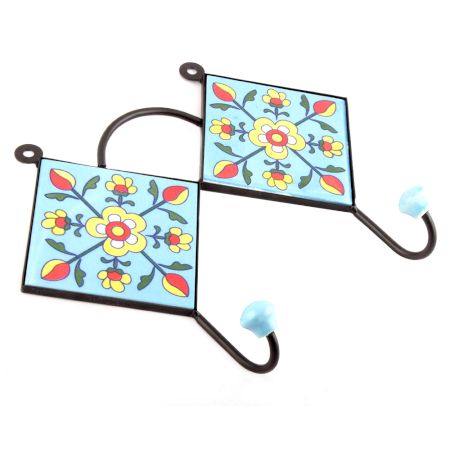 Turquoise And Yellow Tiny Floral Tiles Hooks